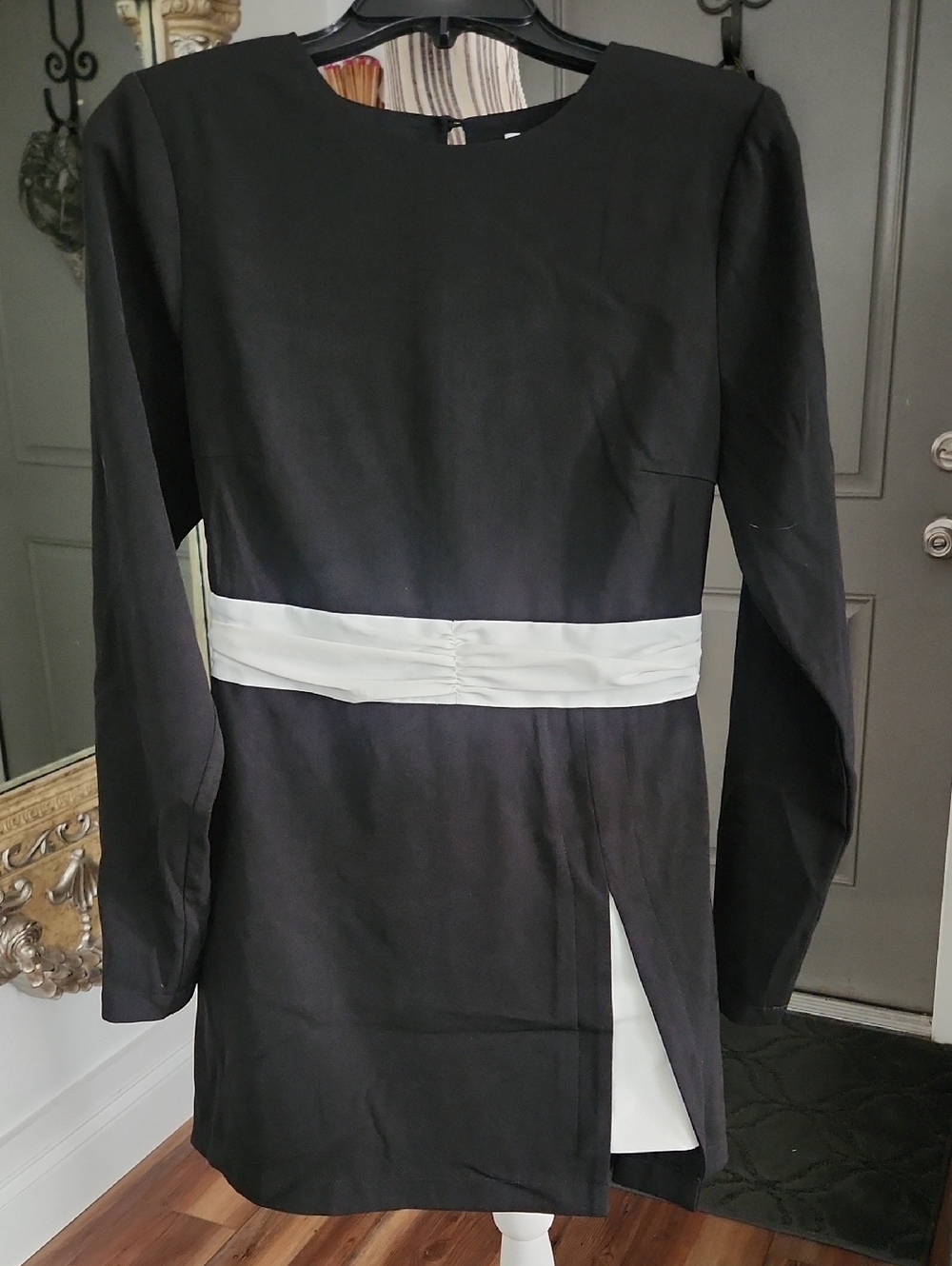 Just Me Black Long Sleeve Dress with White Waistband And Back Bow